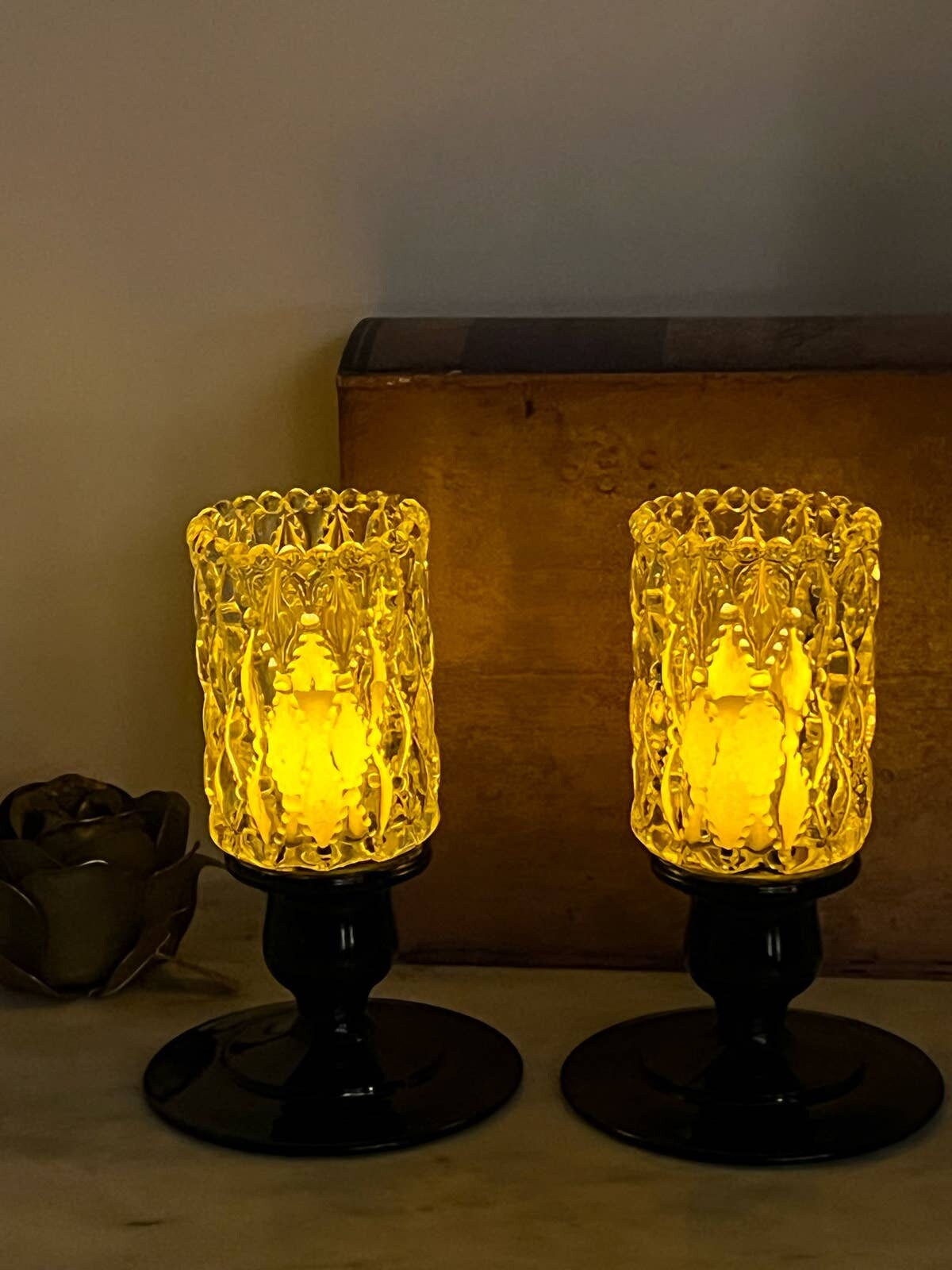 Vintage Black Glass Candlestick Holders & Glass Votive Inserts Etsy