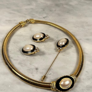 MONET Jewelry Set Necklace Earrings and Pin Faux Pearl Crystals Vintage Goldtone