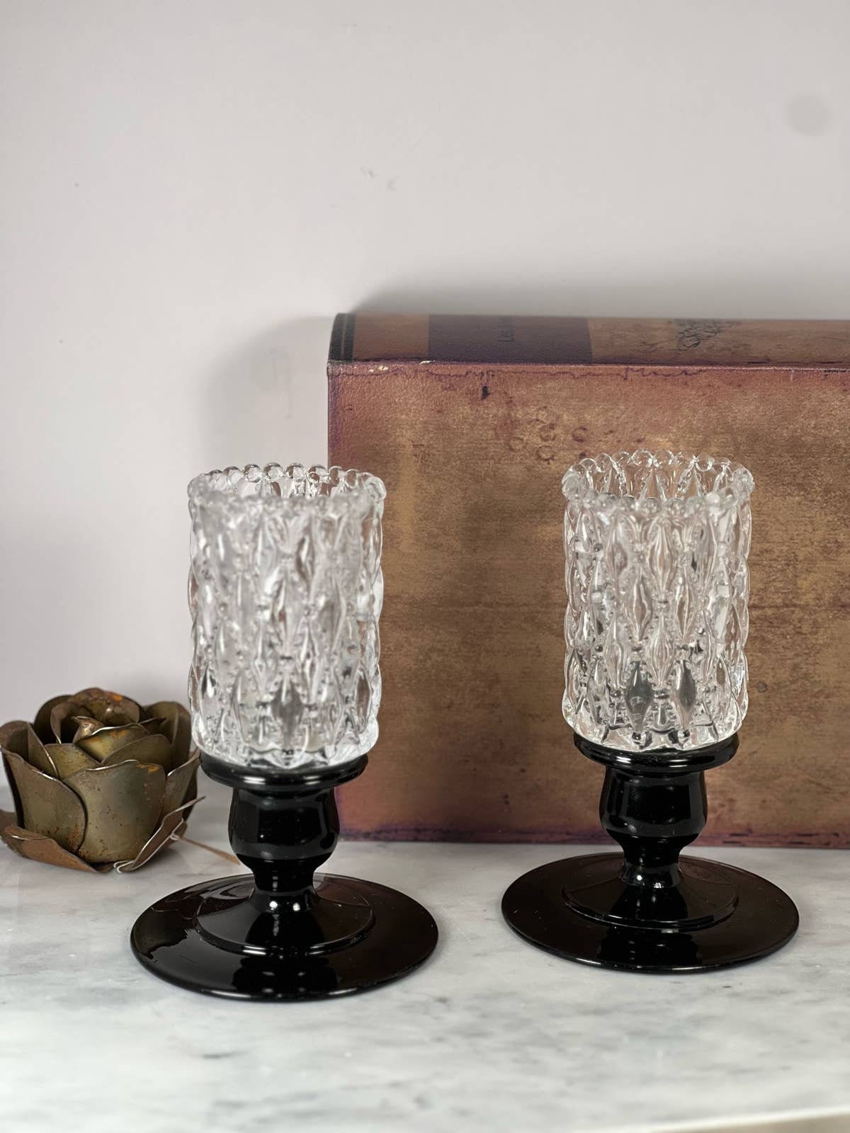 Vintage Black Glass Candlestick Holders & Glass Votive Inserts Etsy
