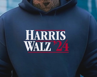 May include: A navy blue hoodie with the text "HARRIS WALZ '24" printed in white and red.