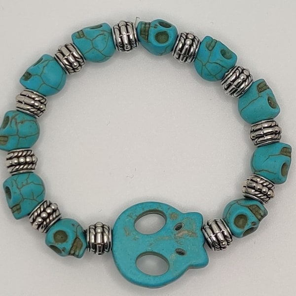 Turquoise Skull Elastic bracelet. Halloween Fashion Jewelry.