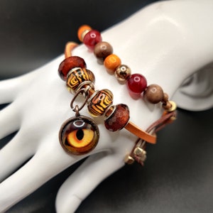 Leather and Beads Bracelet set.Evil eye,Lions Eye, gift for her. Halloween jewelry.Halloween costume. Autumn Jewelry. Fall Fashion Jewelry