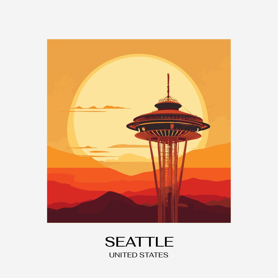 Retro Sunset Illustration – Iconic Space Needle Seattle USA Digital Art ...
