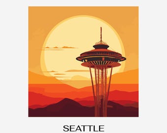 Retro Space Needle solnedgångskonst – Reseaffisch i Seattle (digital nedladdning i PNG)