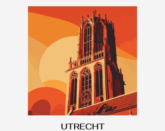 Retro Utrecht solnedgångskonst – Domtornet Nederländerna (digital nedladdning i PNG)
