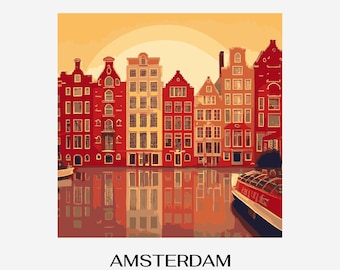 Retro Amsterdams kanalhus, solnedgångskonst – reseposter (digital nedladdning i PNG)