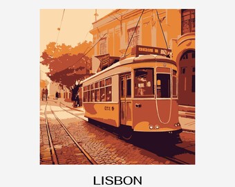 Illustration av Lissabons spårvagnssolnedgång – Retro Portugal-resekonst (PNG)