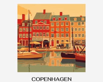 Nyhavn Copenhagen Art Print – Retro Sunset Illustration (Digital Nedladdning)