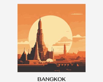 Illustration av solnedgången i Wat Arun i Bangkok – Retro resekonst (digital nedladdning)