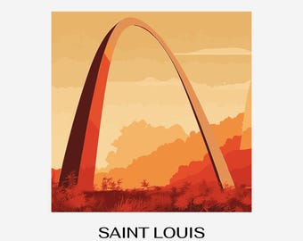 Retro illustration av solnedgången vid Saint Louis Arch – resekonst (digital nedladdning i PNG)