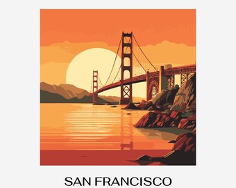 Retrokonst över Golden Gate-brons solnedgång – reseaffisch i San Francisco (digital nedladdning i PNG)