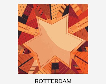 Rotterdam Kubhuskonst – Retro Solnedgång Nederländerna Illustration (PNG)