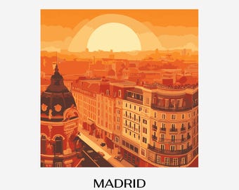 Retro solnedgångsillustration – ikonisk digital konst i Madrid i PNG-format för resedekor och gör-det-själv-projekt
