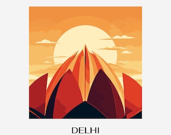 Konsttryck med Lotustemplet i Delhi, Indien – Retro solnedgångsillustration (digital nedladdning i PNG)
