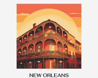 Illustration av solnedgången i New Orleans franska kvarter – Retro resekonst (digital nedladdning i PNG)