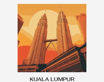 Retro solnedgångskonst från Petronas Towers – Reseaffisch i Kuala Lumpur (digital nedladdning i PNG)