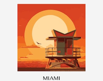 Solnedgångskonst i Miami South Beach – Retro reseaffisch (digital nedladdning)