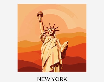 Retro Frihetsgudinnan-konst – Solnedgång i New York-illustration (digital nedladdning i PNG)