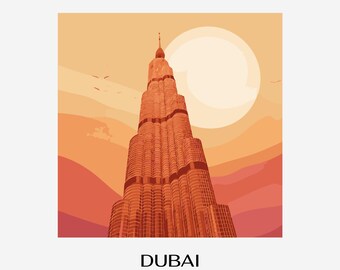 Retro Burj Khalifa-tryck – illustration av solnedgången i Dubai (digital nedladdning)