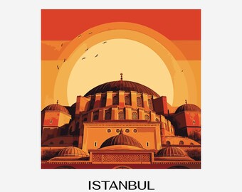 Retro Istanbul solnedgångskonst – Agia Sofia reseillustration (PNG)