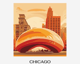 Chicago Cloud Gate solnedgångskonst – Retro reseaffisch (digital nedladdning i PNG)