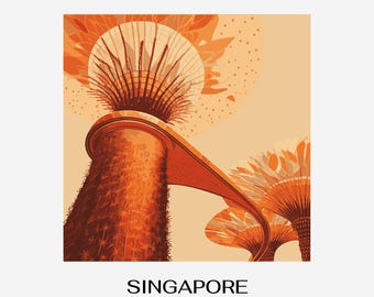 Retro Singapore konsttryck – Illustration av trädgårdar vid bukten (digital nedladdning)