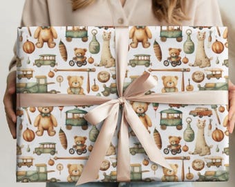 Baby Shower Gift Wrapping Paper Newborn Present Paper Roll Vintage Toy Pattern Gift Paper Teddy Bear Design Gender Neutral Birthday Idea