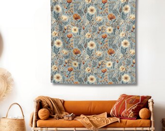 Boho Wall Bedroom Tapestry Copper Floral Meadow Wall Hanging for Living Room Cottagecore Aesthetic Nursery Decor for Boho Office Decoration