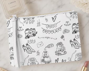 Gift for Bride to Be Black and White Line Drawn Wedding Design for Bridal Shower Gift Vegan Leather Clutch High End Wristlet for Bride