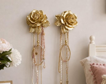 Gold Colored Wall Necklace Hook Floral Wall Jewelry Holder Rose Wall Hook for Necklaces Victorian Room Decor
