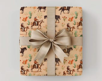 Country Western Cowboy Pattern Gift Wrap Paper Horse Ranch Wrapping Paper Rolls Birthday Cowboy Theme Party Decor for Rodeo Event