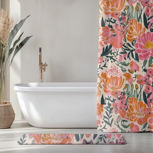 Floral Shower Curtain Bundle Oversized Floral Bathroom Decor Large Pink Flower Bath Cover Cottagecore Aesthetic Matching Bathmat Retro Idea