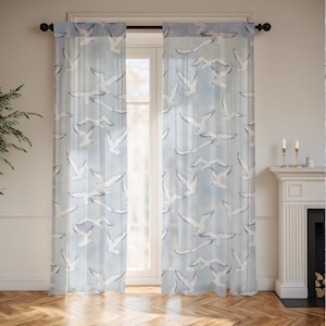 Nautical Window Treatment Beach Theme Seagull Design Light Sheer Panel Coastal Decor Beach House Curtains Minimalist Style Ocean View Window