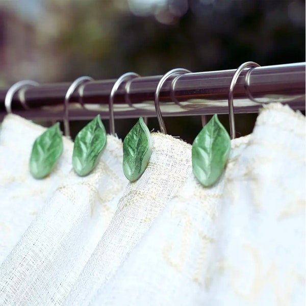 Bathroom Decor Farmhouse Shower Curtain Hook Boho Plant Decor for Bathroom Metal Green Leaf Curtain Shower Hook Guest Bathroom Boho Decor