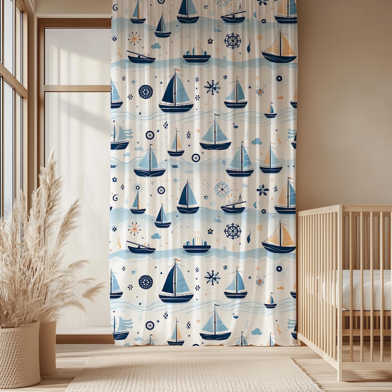 Coastal Window Panel Nautical Decor Treatment Beach House Style Lake Life Rod Pocket Design Maritime Pattern Detail Sailboat Print Accent Light Filtering Option Multiple Size Choices Quality Material Coastal Curtain Perfect Beautiful