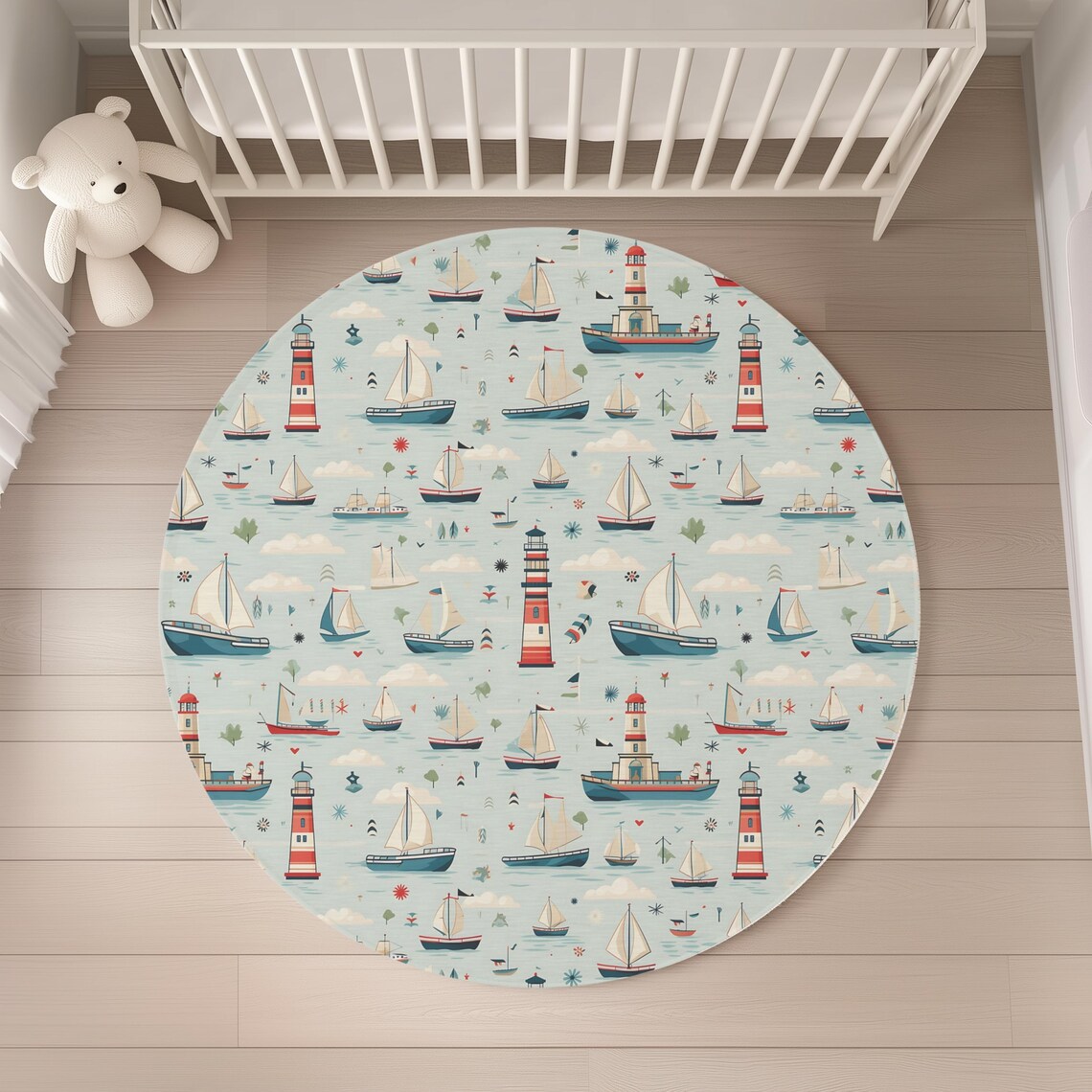 May include: A round, light blue nautical-themed rug featuring sailboats, lighthouses, and clouds. The rug has a repeating pattern of various boats and red and white striped lighthouses. The rug is placed on a light wood floor.