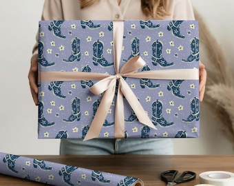 Cowgirl Party Theme Purple Design Birthday Gift Blue Cowboy Boot Pattern Gift Wrap Paper Western Boot Wrapping Paper for Christmas Present