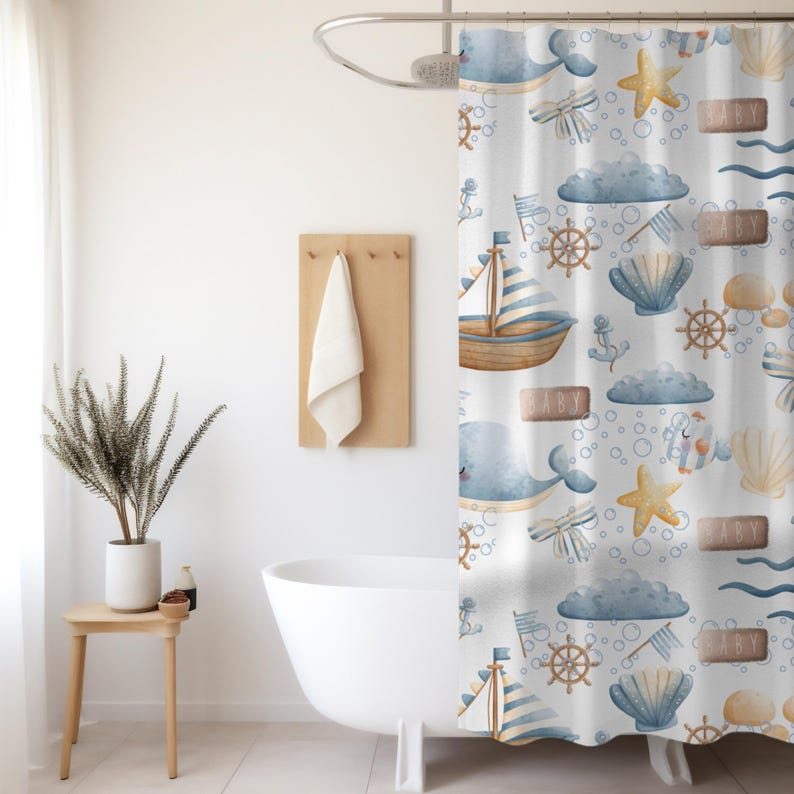 Nautical Nursery Bathroom Decor Ocean Theme Shower Curtain Set Coastal Style Design Blue Water Resistant Polyester Fabric Ship Wheel Seashell Pattern Beach House Accessories Complete Bath Collection Maritime Home Decoration Sailing Theme