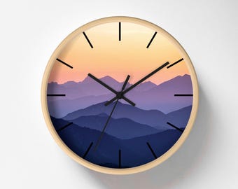 Wall Clock for Entryway Mountain Minimalist Wall Decor for Living Room Idea for Homeowner Renovation Silent Clock Modern Design Purple