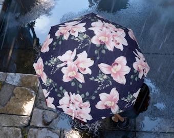 Large Travel Umbrella Floral Navy Windproof Oversized Semi Automatic Rain Umbrella for Women Vacation Bag