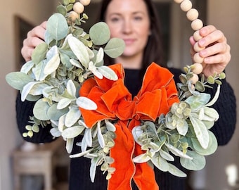 Autumn Home Decor Seasonal Front Porch Wreath Lamb's Ear & Sage Wreath Wooden Bead Accent Fall Door Decor