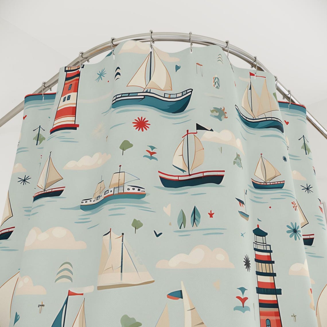 Coastal Theme Shower Curtain Nautical Bathroom Set Beach House Decoration Lighthouse Sailboat Pattern Maritime Design Ocean Themed Bathroom Complete Bath Collection Seaside Inspired Decor Guest Bathroom Accessory Standard Size Water