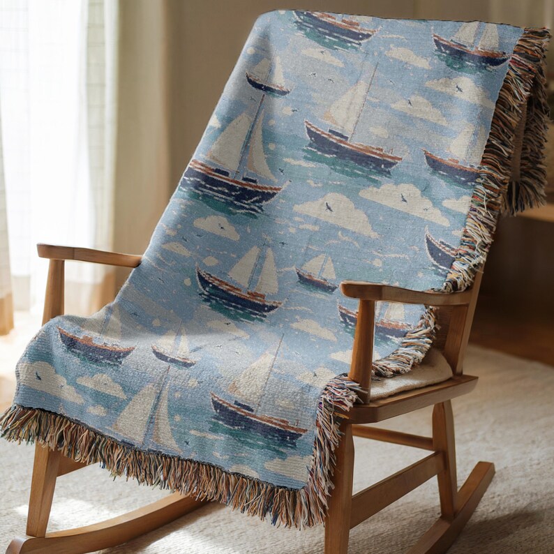 Beach House Blanket Nautical Woven Throw Sailboat Home Decor Beach Style Gift Coastal Living Idea for Lake Front Property Decoration Woven