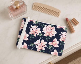 Pink Magnolia Floral Clutch Bag Navy Botanical Wristlet