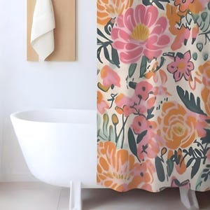 Cortina de ducha floral extragrande con diseño floral, decoración de baño con flores rosas grandes, alfombra de baño a juego con estética cottagecore, idea retro