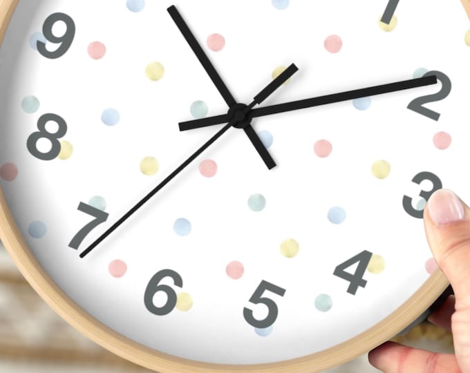 Playroom Wall Clock for Toddler Bedroom Decor Cute Clock for Kids Room Gift for Granddaughter Playful Design for Nursery Polka Dot Art Idea