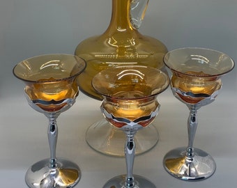 Vintage Amber Glass Decanter with Three Amber Glass Chrome Cordial Glasses