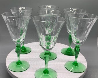 Vintage Uranium Cordials or Liqueur Glasses, Set of 7, Green Vaseline Stemware, UV Reactive Glassware, Depression Barware