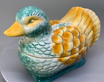 Vintage, Colorful Ceramic Duck Dish With Lid