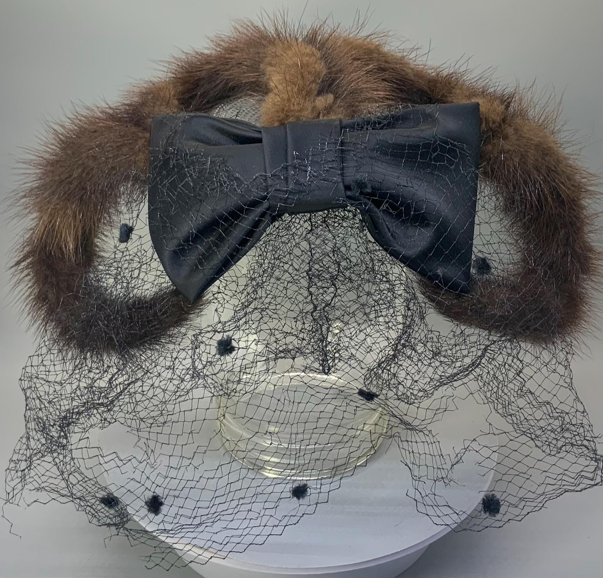 Vintage Mink Fascinator Hat With Black-brown Satin Bow and  display picture 3